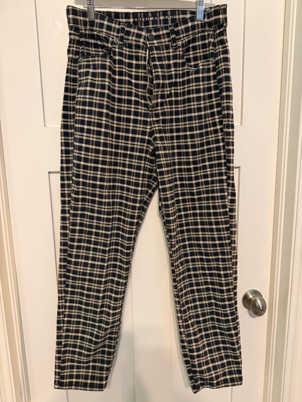 American Eagle Outfitters Mom Jean Black and Cream Plaid Straight Leg Pants